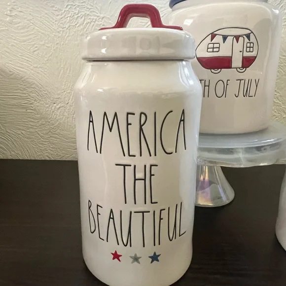 Rae Dunn Patriotic Set of 3 Canisters 2 Flower Vases and 2 Mugs